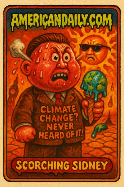 A satirical trading card featuring 'Scorching Sidney', a climate denier sweating profusely in a thick suit with steam escaping his ears, holding a melting globe ice cream, while a personified sun glowers in the background.