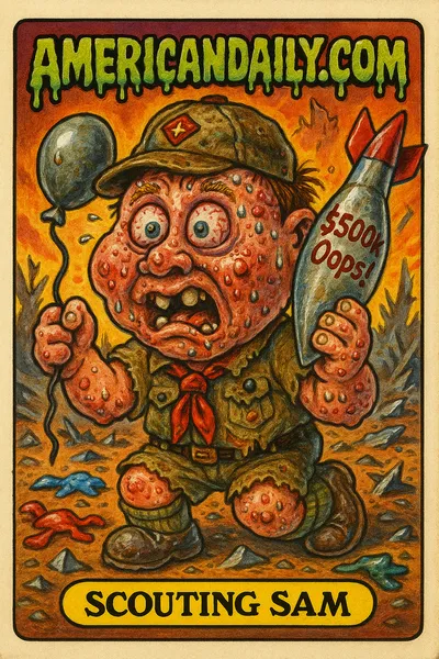 A comically exaggerated Boy Scout named 'Scouting Sam,' with bulging eyes and a cartoonishly oversized missile labeled '$500k Oops!' amidst chaotic debris.