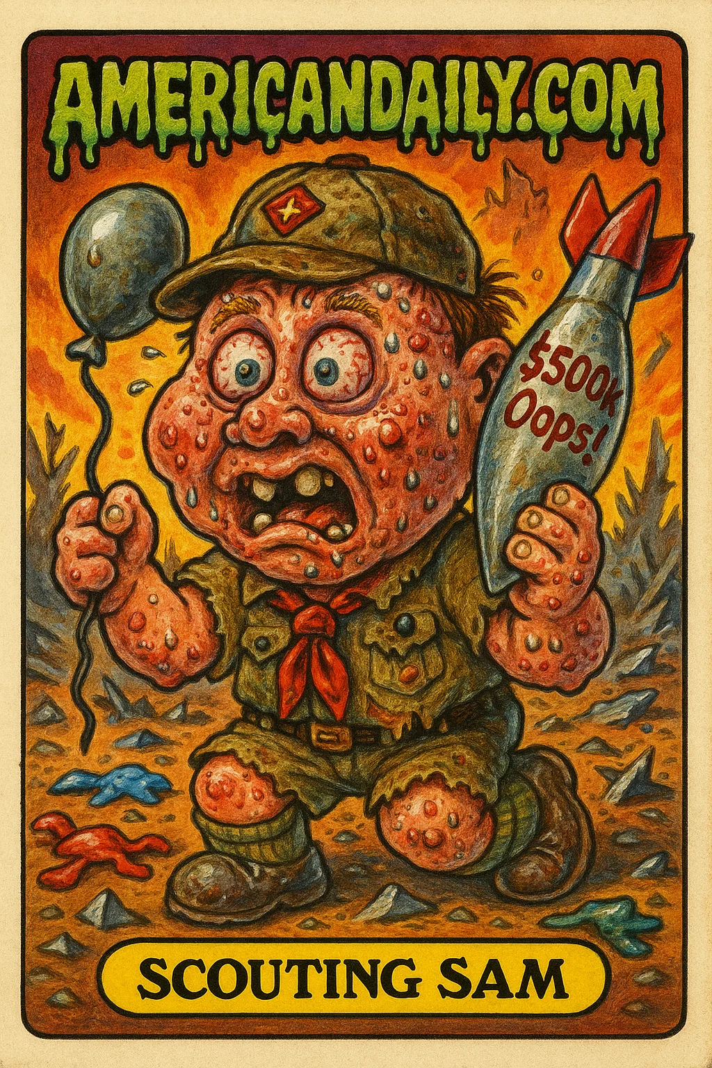 A comically exaggerated Boy Scout named 'Scouting Sam,' with bulging eyes and a cartoonishly oversized missile labeled '$500k Oops!' amidst chaotic debris.