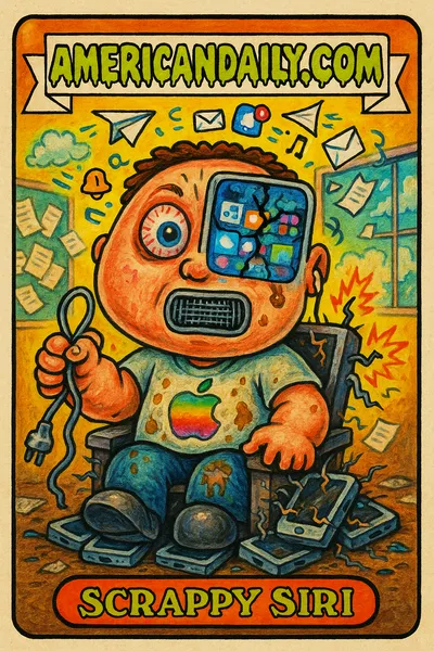Illustration of 'Scrappy Siri', a grotesque and exaggerated AI character with a pixelated face, cracked screen eye, and tangled power cord, seated on a sparking throne of Apple devices in a messy tech office.