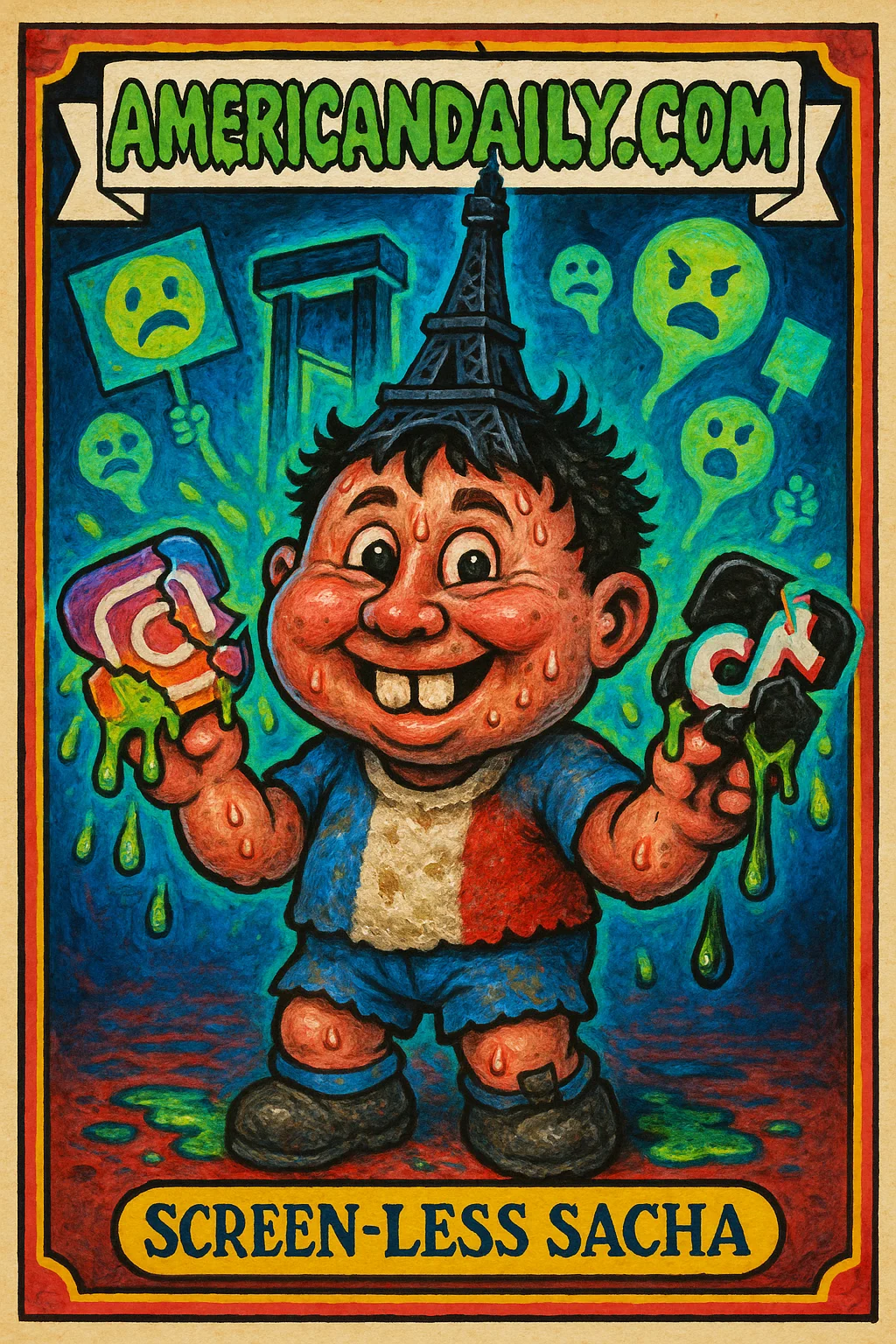 Grotesque French schoolboy, Screen-less Sacha, with oversized head, buck teeth, holding broken social media icons. Features neon colors and satirical visual gags.