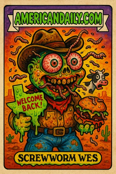A grotesque cartoon 'Screwworm Wes,' resembling a giant fly, grins madly, with worms swarming from his mouth. He clutches a worm-infested burger and Texas map.