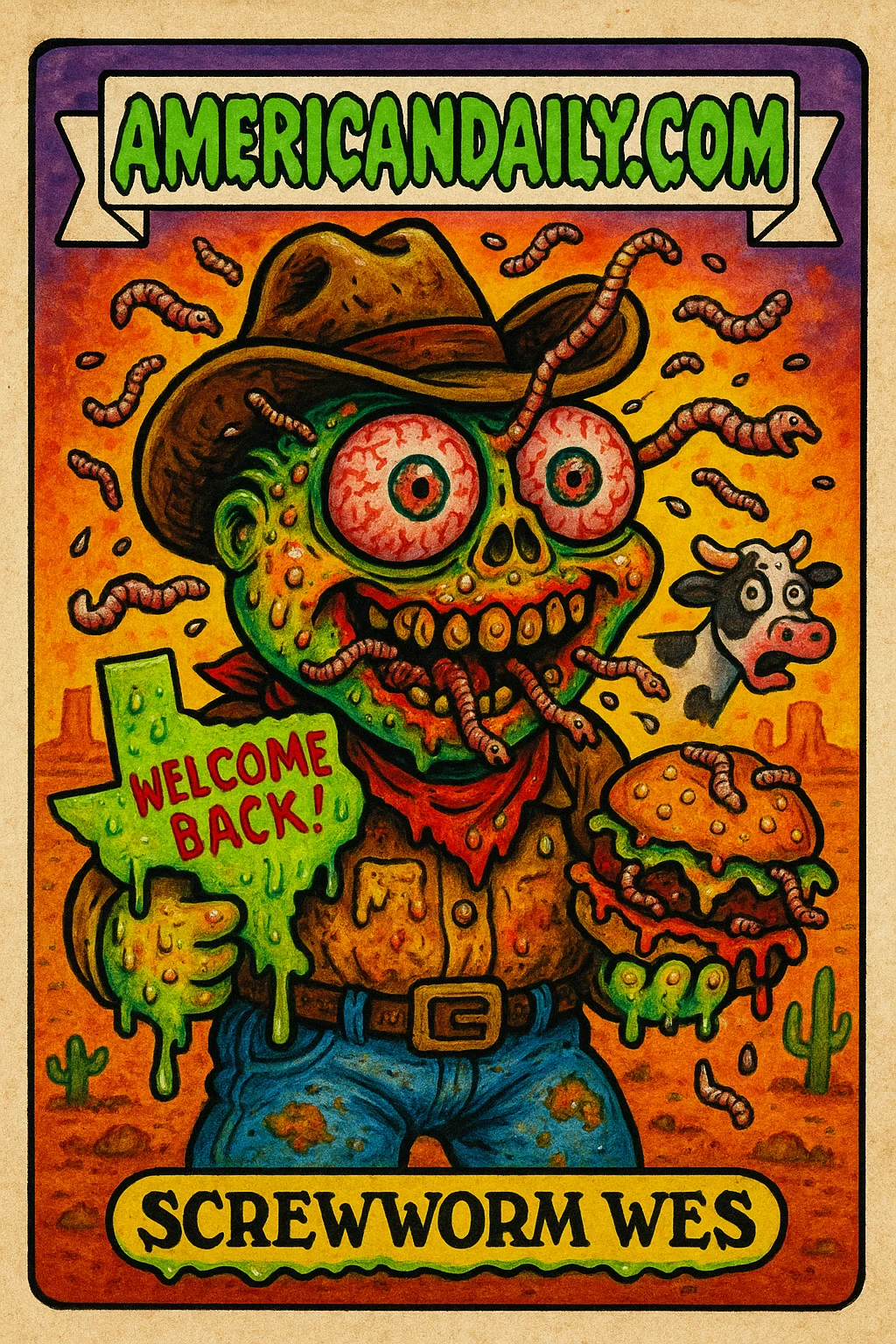 A grotesque cartoon 'Screwworm Wes,' resembling a giant fly, grins madly, with worms swarming from his mouth. He clutches a worm-infested burger and Texas map.