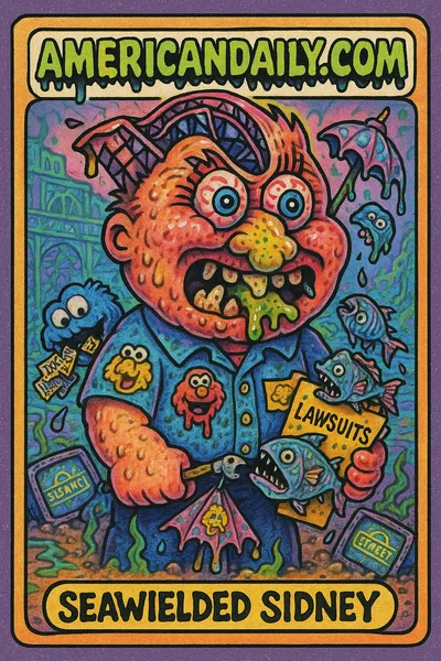 A grotesque caricature of SeaWielded Sidney, with a roller coaster-shaped head, defaced Sesame Street memorabilia, and lawsuit-eating fish swarming around.