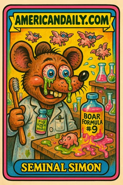 A grotesque card illustration of 'Seminal Simon', a mutated mouse with pig semen eye drops, in a chaotic lab with experimental props.
