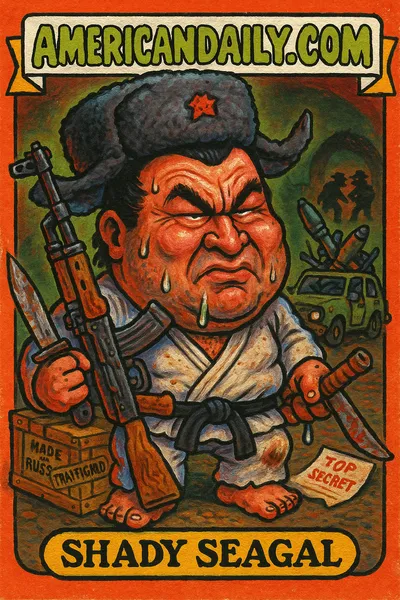 Grotesque cartoon of Steven Seagal as 'Shady Seagal', surrounded by weapons and crates labeled 'Made in Russia', in a satirical Garbage Pail Kids style.