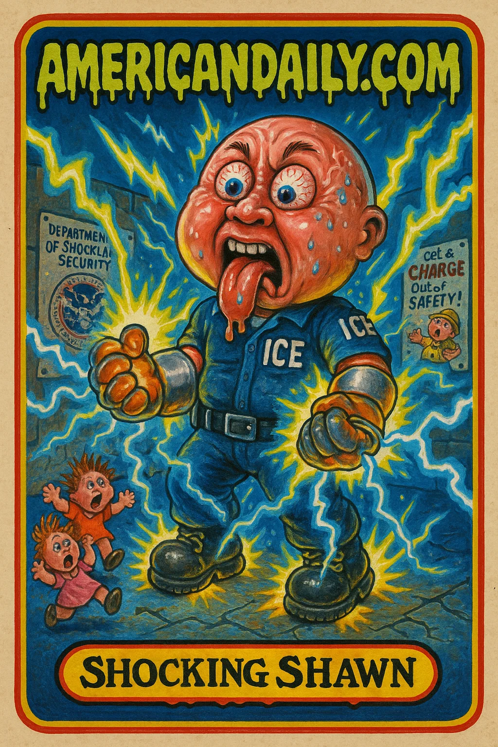 A satirical cartoon of an ICE agent with exaggerated electric gloves, sparking intensely, with bulging eyes and fleeing cartoon figures.