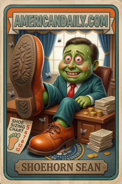 Satirical card image of a businessman in the Oval Office with enormous, chaotic shoes and a nervous grin, surrounded by shoe paraphernalia. — 3D version