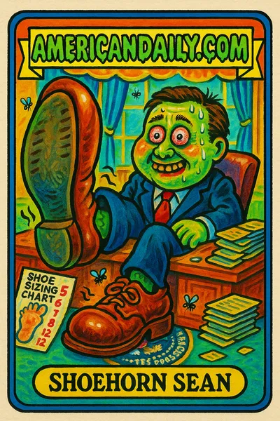 Satirical card image of a businessman in the Oval Office with enormous, chaotic shoes and a nervous grin, surrounded by shoe paraphernalia.