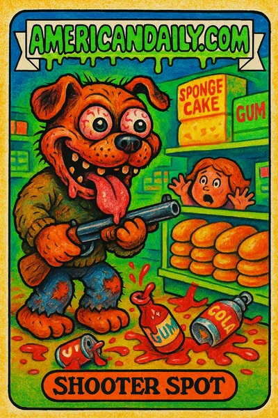 A satirical trading card depicting a grotesque dog with a shotgun in a messy convenience store, characterized by chaotic oversized grocery items and a frightened customer.