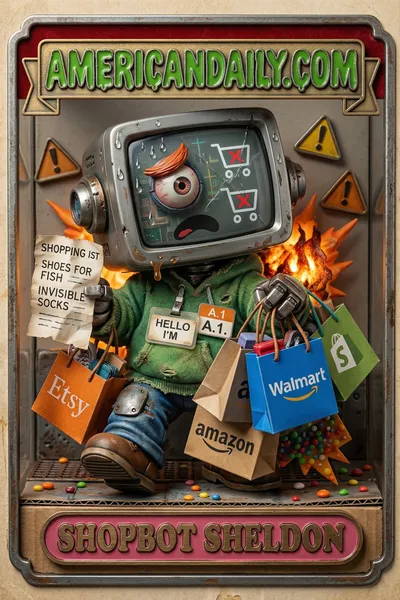 Trading card of a robot 'Shopbot Sheldon,' failing at AI shopping, with glitched screens, shopping bags, and sparks flying. — 3D version