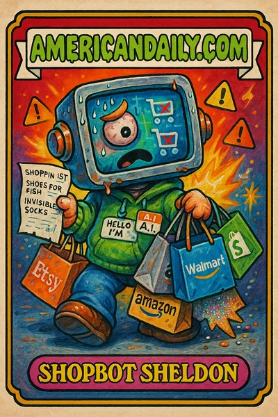 Trading card of a robot 'Shopbot Sheldon,' failing at AI shopping, with glitched screens, shopping bags, and sparks flying.