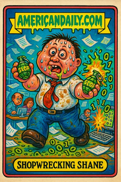 A cartoon trading card featuring Shopwrecking Shane, a grotesque office worker throwing slop grenades in an exploding office setting.