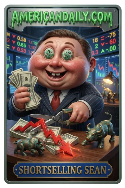 A satirical trading card of 'Shortselling Sean', a stockbroker with dollar sign eyes, gleefully cutting a plummeting stock graph with hedge clippers, surrounded by playful stock market chaos. — 3D version