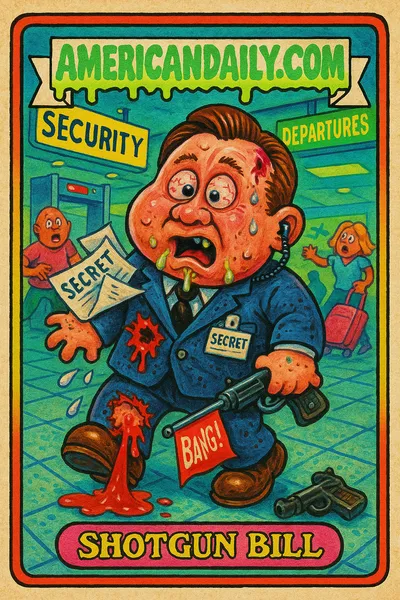A grotesque Secret Service agent with a bleeding leg and shocked expression at an airport, surrounded by chaos.