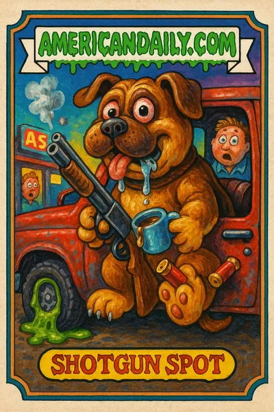 A cartoonish trading card of a dog in a truck, clumsily holding a shotgun with a startled expression.