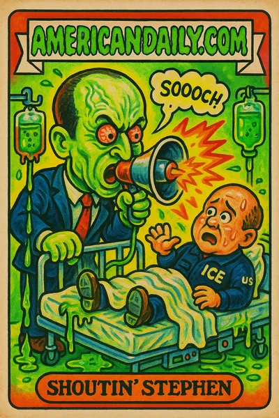 Cartoon of Stephen Miller yelling explosively at a hospitalized ICE Chief, featuring chaotic hospital equipment and exaggerated sound waves.