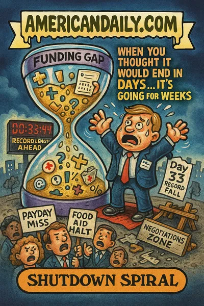 Parody trading card showing a giant hourglass labelled "FUNDING GAP" with icons of federal workers, food-aid bags, and runways falling into the bottom chamber. A frustrated suited figure stands on the narrow syphon bridge holding a spreadsheet "Day 33/Record Fall," digital clocks read "Record Length Ahead," protesters wave "PAYDAY MISS" and "FOOD AID HALT," banner reads "AMERICANDAILY.COM."