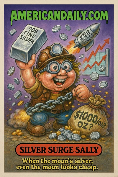 Cartoon trading card titled "Silver Surge Sally" showing a wide-eyed prospector holding a huge silver ingot, a rocket labelled "2025 Silver Rally 🚀" bursting off behind her with flying bullion, coins, and soaring price charts; top banner "AMERICANDAILY.COM", bottom nameplate "SILVER SURGE SALLY" with caption "When the moon's silver, even the moon looks cheap."