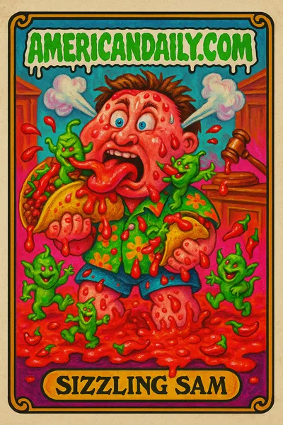 A grotesque tourist named 'Sizzling Sam' drenched in fiery red salsa, bearing an exaggerated expression of agony amidst a courtroom setting.