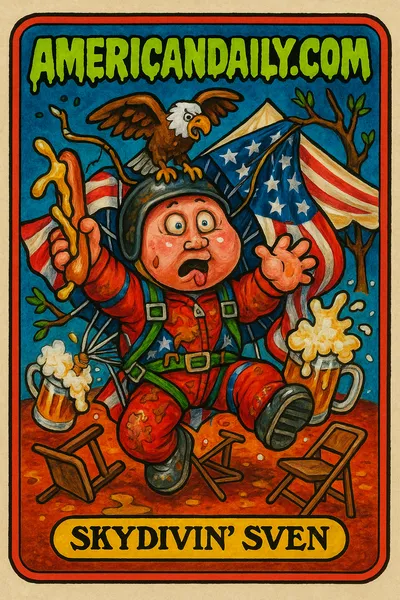Skydiver with bulging eyes and American flag entangled in a beer tent, surrounded by exploding beer mugs and an eagle on his helmet.