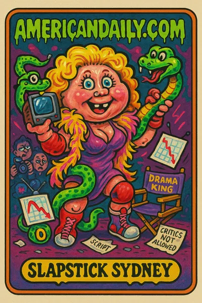 A trading card illustration of Grotesque Sydney Sweeney comically wrestling a snake with exaggerated features and chaotic props, styled as a Garbage Pail Kid.