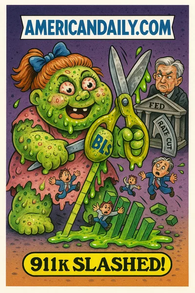 Cartoon meme of Slashed Jobs Sally, a green, pockmarked character holding giant scissors labeled BLS, cutting a job growth chart while tiny workers fall off. Jerome Powell hides behind a Fed building with a Rate-Cut shield. Text reads '911K Slashed!'