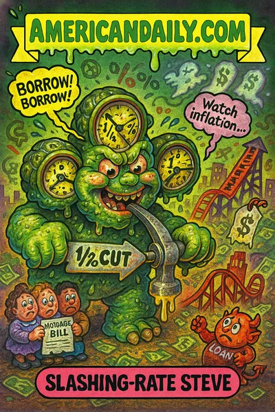 Cartoon-monster with three clock-heads pulling a rate-cut lever, surrounded by terrified borrowers and rising market chaos - satirical depiction of the Fed rate decision.
