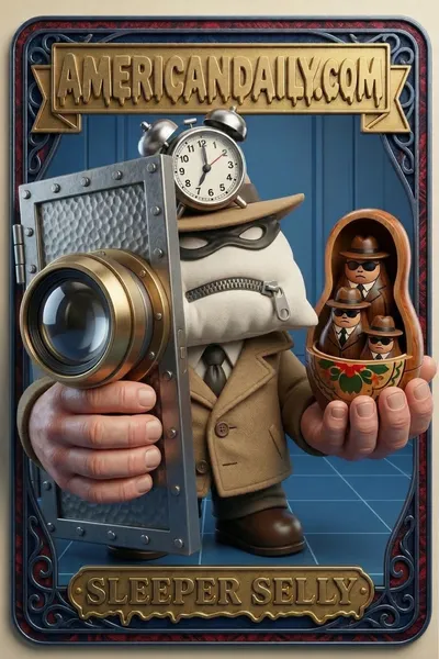 A satirical trading card showing Sleeper Selly, a spy character with a pillow head and spy gear, in a comical scene with spy dolls. — 3D version