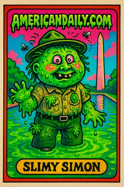 A grotesque park ranger named Slimy Simon standing in an algae-filled Reflecting Pool, covered in green slime, with distorted buildings in the background.