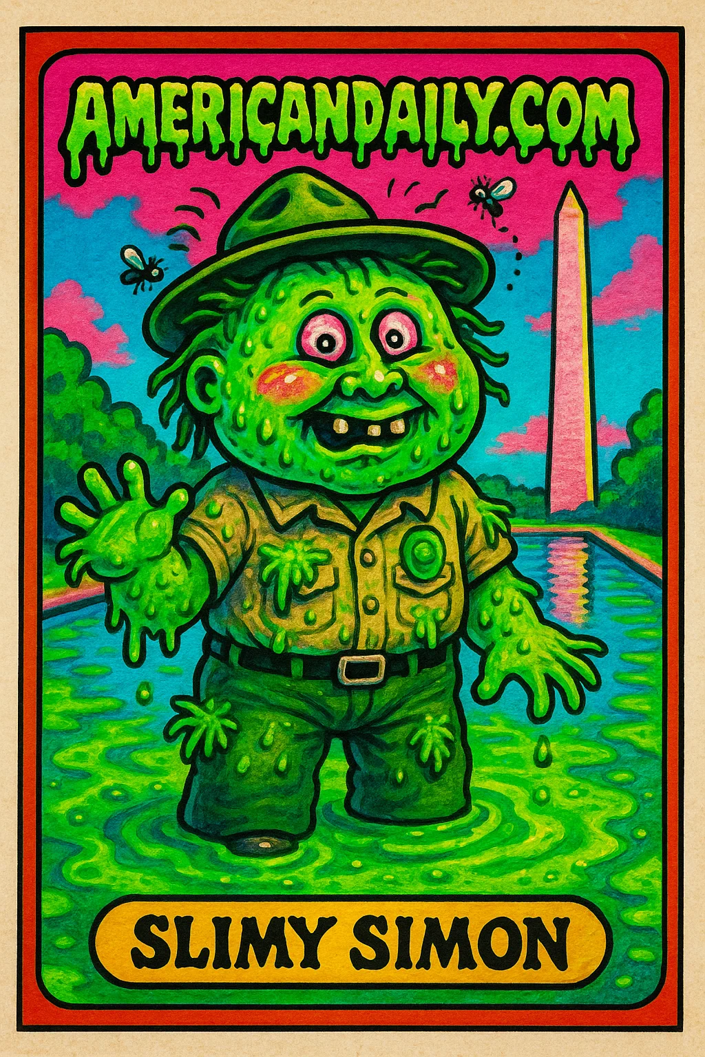 A grotesque park ranger named Slimy Simon standing in an algae-filled Reflecting Pool, covered in green slime, with distorted buildings in the background.