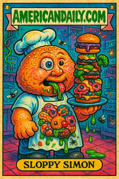 Trading card of Sloppy Simon with a hamburger-shaped head drooling slime, surrounded by bizarre AI-generated food in a chaotic kitchen.
