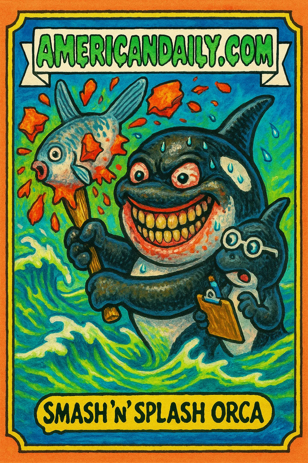 A comical scene depicting an orca gleefully smashing a sunfish, with ocean setting and flying fish fragments.