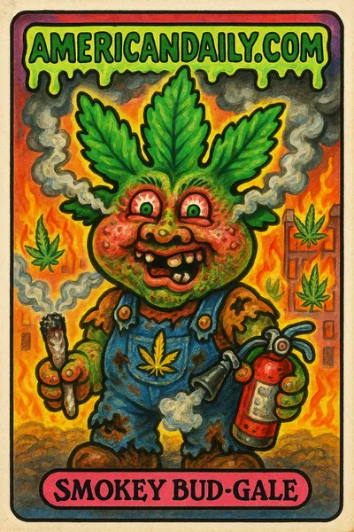A grotesque cartoon character with a green weed-shaped head, bulging eyes and missing teeth, stands amid fire and smoke, holding a joint and malfunctioning fire extinguisher.