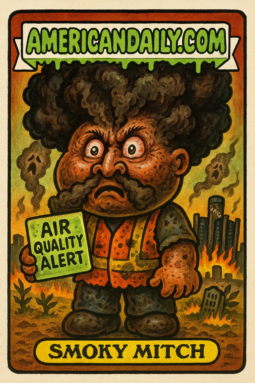 A trading card of Smoky Mitch, engulfed by smoke with grotesque features, holding an Air Quality Alert sign atop a scorched Detroit-themed landscape.