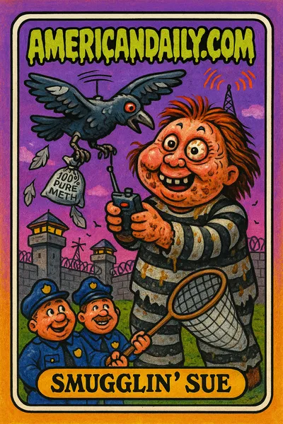 Grotesque woman with mechanical crow drone dropping meth bags into prison yard, guards befuddled below. Features exaggerated ugly artwork style.