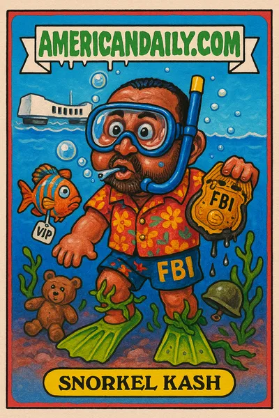 Caricature of Snorkel Kash, FBI Director with oversized head in a snorkel mask, underwater at Pearl Harbor with bright ocean blues and inflatable memorial.