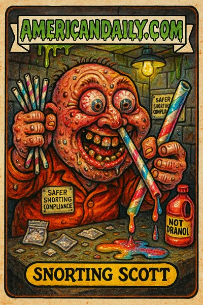 A grotesque cartoon of a prison inmate with a massive head, crazy eyes, and fistful of soggy paper straws in a grimy cell. Satirical trading card with the name 'Snorting Scott'.