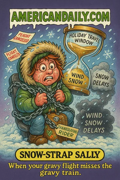 Cartoon trading card showing "Snow-Strap Sally," a stressed holiday traveler in a parka with turkey-feather trim, strapped into snow-chain seatbelts, holding a suitcase stamped "THANKSGIVING RIDER"; snow and wind swirl around; a cracked egg-timer labelled "Holiday Travel Window" spills sand into a cloud reading "WIND · SNOW · DELAYS"; flight-cancelled signs flutter; top banner "AMERICANDAILY.COM", bottom nameplate "SNOW-STRAP SALLY" with caption "When your gravy flight misses the gravy train."