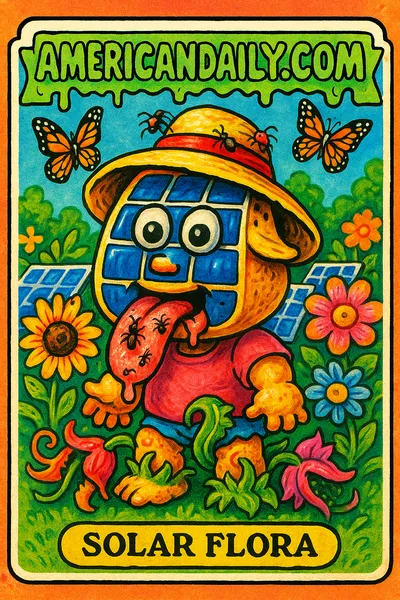 Grotesque cartoon character with a solar panel head surrounded by exaggerated bugs and flowers.
