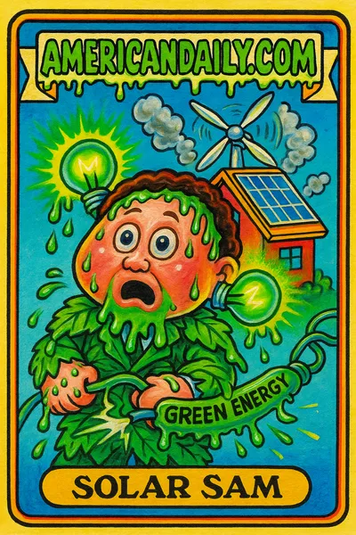 Satirical illustration of Solar Sam, a senator tangled in sparking 'Green Energy' wires, standing in front of a toy house with solar panels.