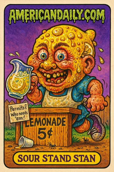 An exaggerated cartoon kid with a lemon-shaped head, covered in pus-filled citrus dots, runs a chaotic lemonade stand. They splash lemonade everywhere, surrounded by ants and a sign reading 'Permits? Who needs 'em!'.