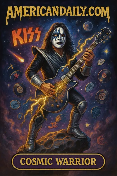 Tribute card: Ace Frehley in his "Spaceman" face paint, standing on a guitar-asteroid in space. He holds a glowing, lightning-charged guitar. Orbiting are musical symbols, Kiss logo, comet tail. Top reads "AMERICANDAILY.COM." Bottom reads "Cosmic Warrior."