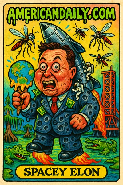 Satirical trading card of Elon Musk transforming into a rocket, with swamp-themed launch pad background and exaggerated features.