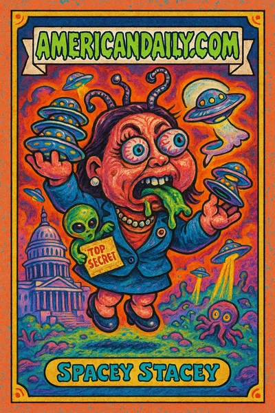 A grotesque depiction of a congresswoman with alien attributes, massive bulging eyes, and humorous UFO-related props, set against an extraterrestrial Capitol Hill backdrop.