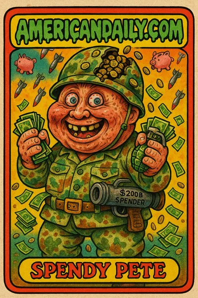A grotesque military general with oversized head, clutching cash grenades and standing on a crumbling world globe, surrounded by falling piggy bank bombs.