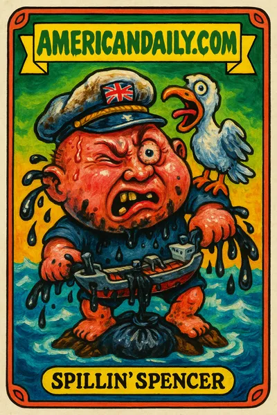 A grotesque tanker captain leaking oil with a seagull on his shoulder, satirizing UK-Russia oil tanker tensions.