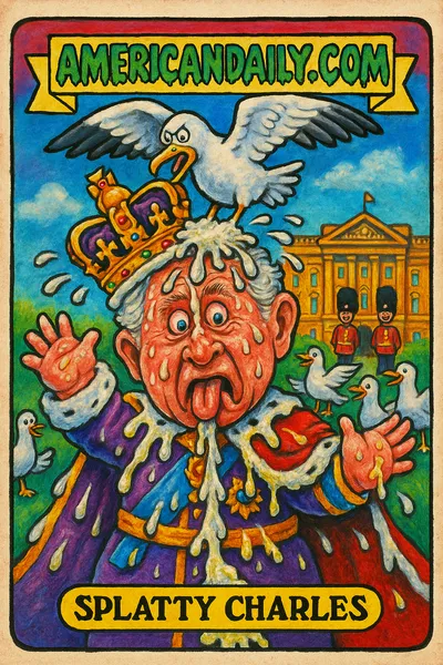 Splatty Charles card: King Charles III with oversized head, seagull pooping on him, exaggerated facial expressions, background of cartoon palace.