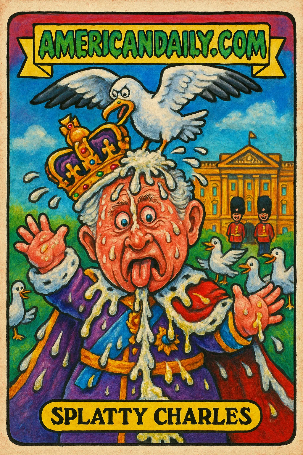 Splatty Charles card: King Charles III with oversized head, seagull pooping on him, exaggerated facial expressions, background of cartoon palace.