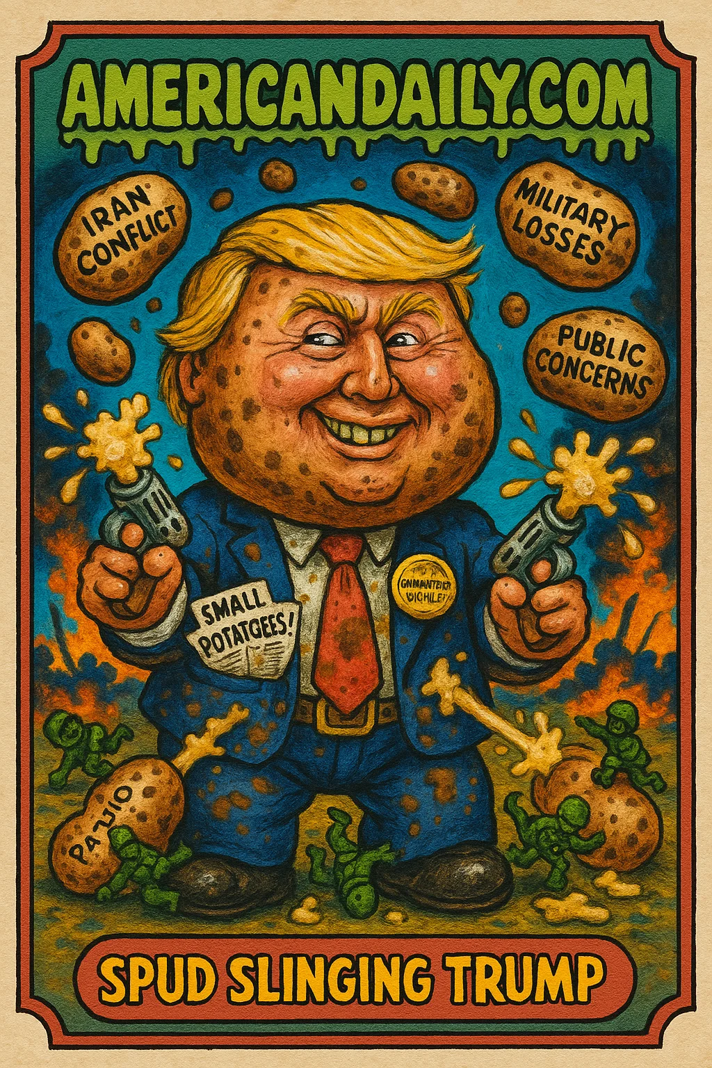 A grotesque cartoon of Trump with a potato-shaped head juggling labeled potatoes on a chaotic battlefield scene.